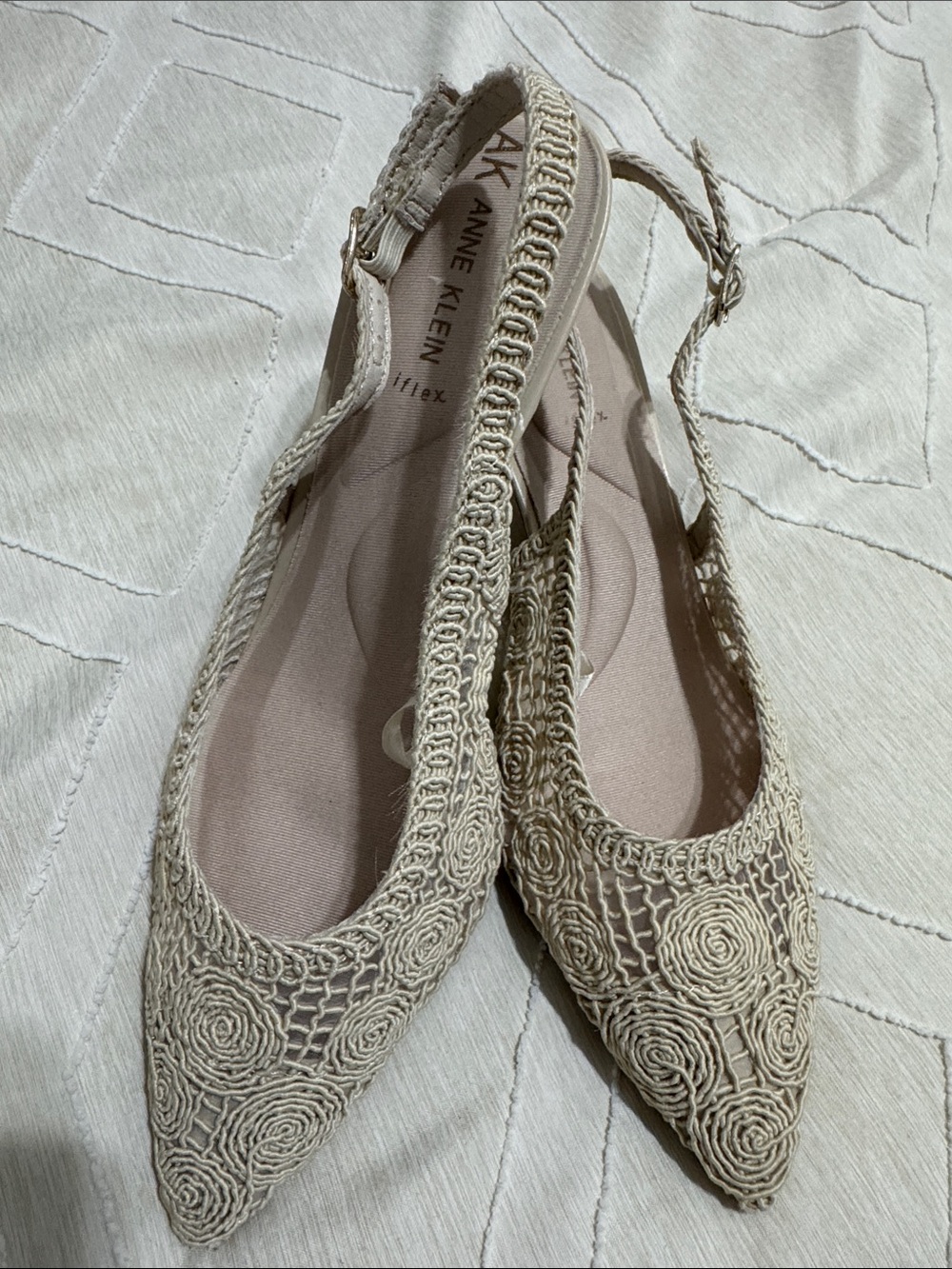 Anne Klein Cream Crochet Pointed Slingback heels